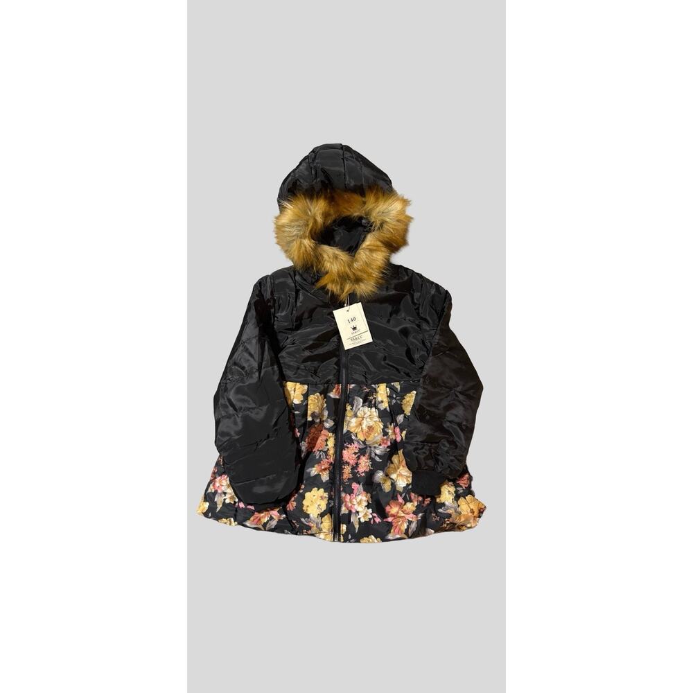 Girls Hooded Puffer Coat Size 140 Black Floral Faux Fur Trim Warm Winter Jacket